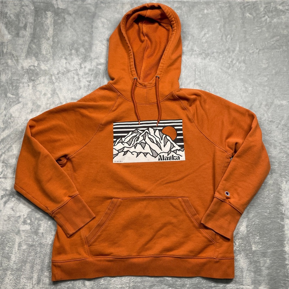 Champion Hoodie Women 2XL Orange Alaska Mountain Graphic Pullover Sweatshirt‎